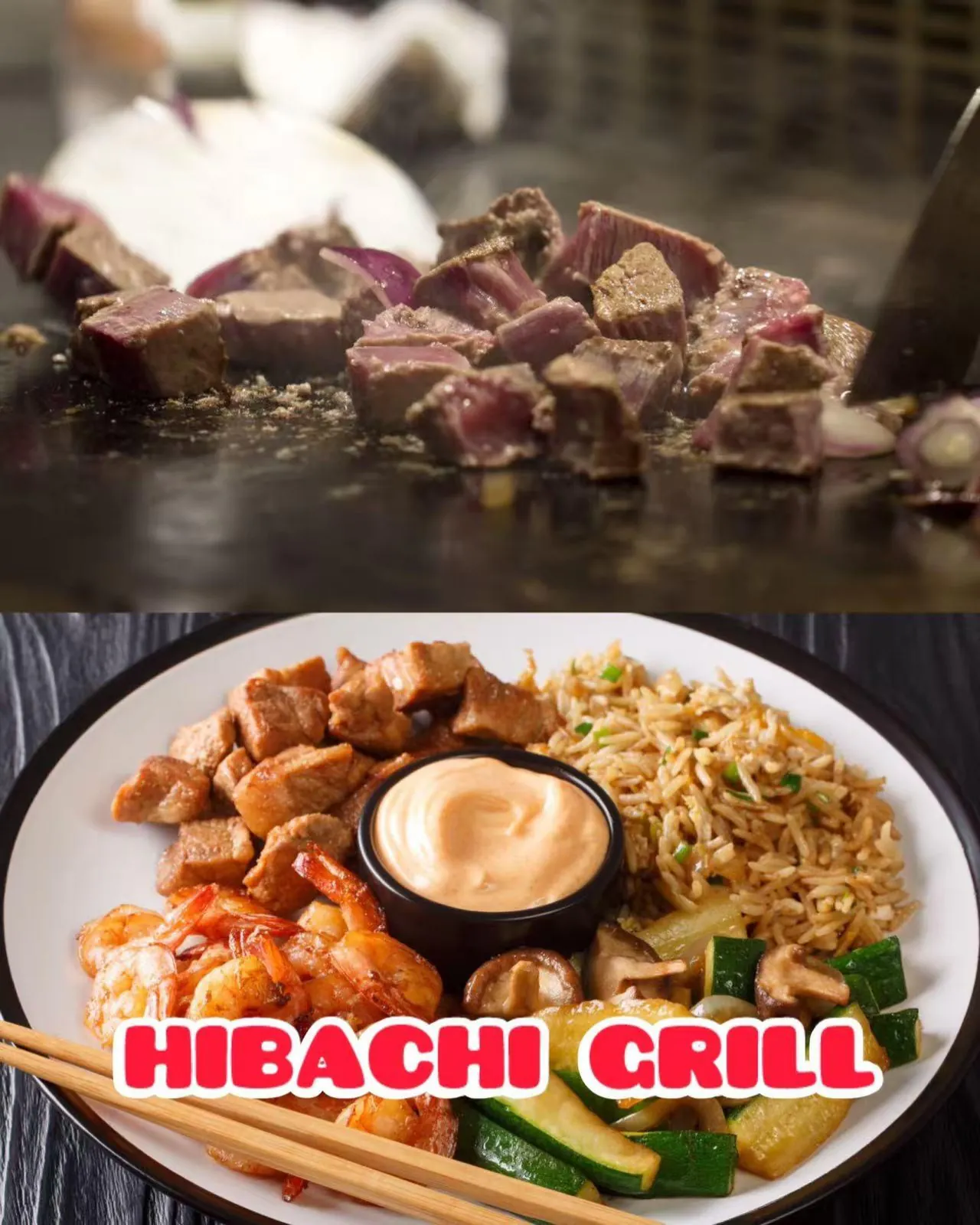 Hibachi combo with steak, shrimp, fried rice, and veggies at Wok & Roll Express, an Asian Restaurant in Leawood